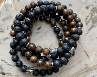 Men's Bracelet Crystal Beads for Protection (Bronzite & Lava Stone)