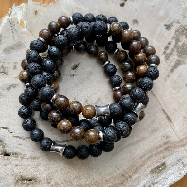 Men's Bracelet Crystal Beads for Protection (Bronzite & Lava Stone)