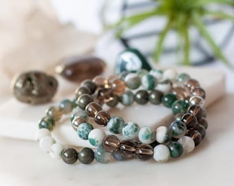 Earth Element | Crystal Bracelet | Smokey Quartz Moss Agate Pyrite | Zodiac Sign Taurus Virgo Capricorn | Self Care Gift  Astrology Jewelry