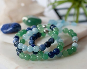 Water Element | Crystal Bracelet | Aquamarine Green Aventurine Sodalite | Zodiac Pisces Scorpio Cancer | Calming Intuitive Jewelry