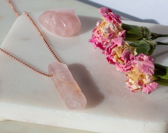 Rose Gold Dainty Crystal Necklace | Raw Rose Quartz Pendant | Sterling Silver Chain  | Self Care Healing | Valentine Idea | Galantine Gift