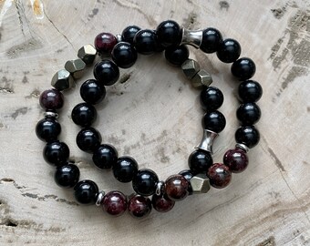 Men's Bracelet Crystal Beads for Protection (Garnet, Pyrite, Onyx)
