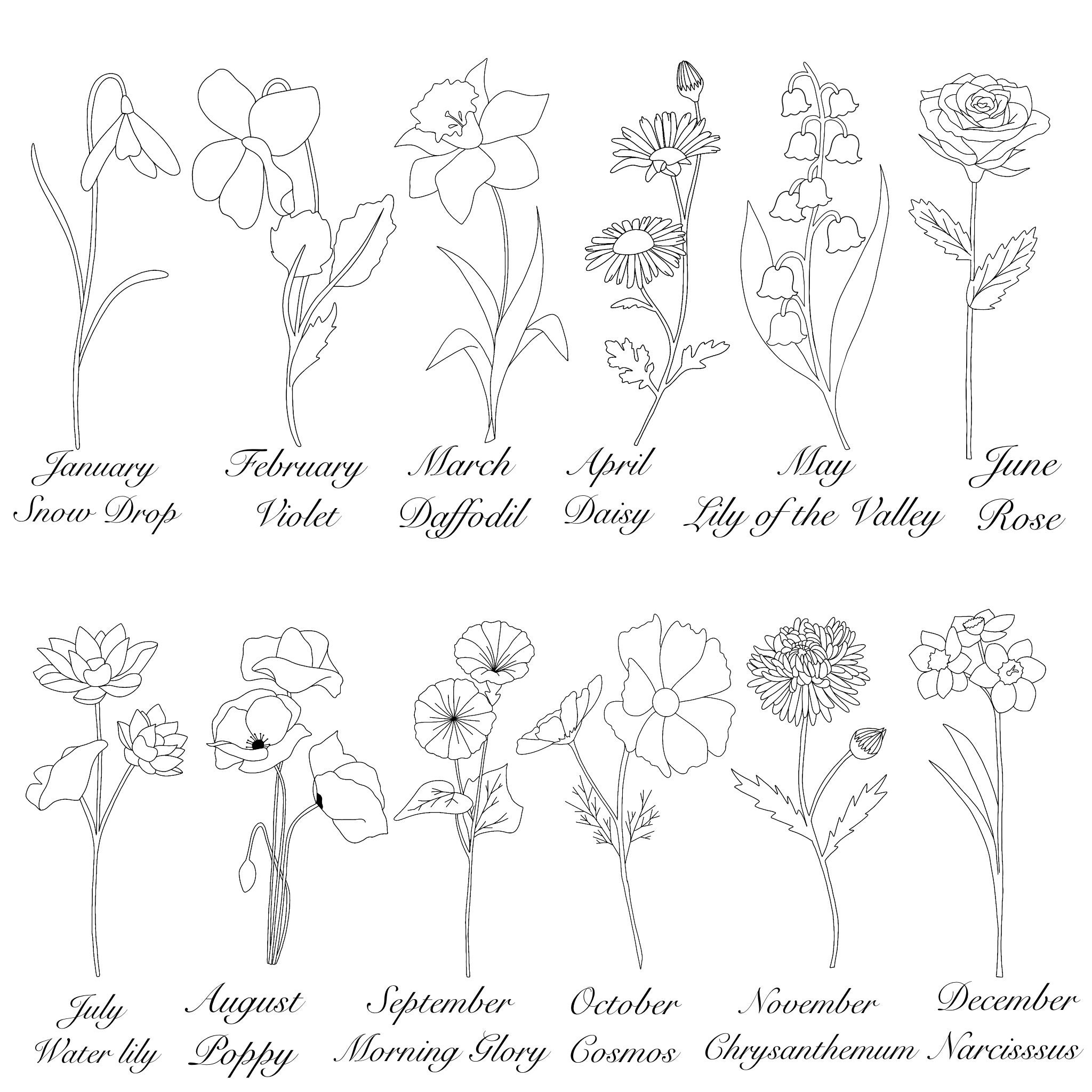 Bouquet of Birth Flowers Line Art personalized Birth - Etsy