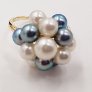White and Bluish Pearls Ring in 14 Kt Yellow Gold Size 6.75 US*