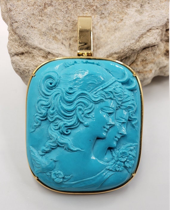 18kt Yellow Gold Rectangle Cameo Composite Turquoi