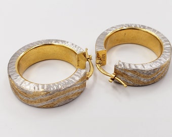 Italian Two tone Texture Gold Hollow Hoops  Earring in 14 Kt Yellow Gold