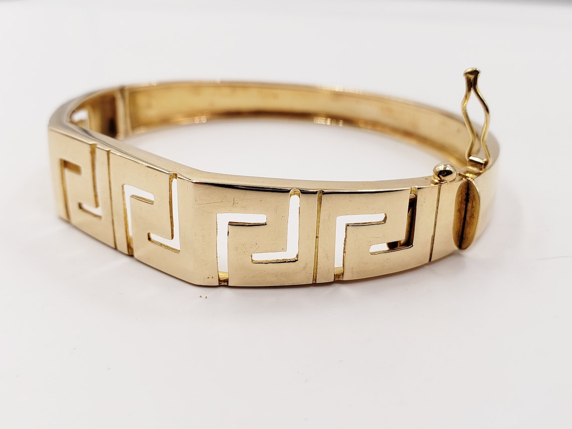 Greek Key S Gold Bangle Bracelet in 14Kt Yellow Gold 7 Inches Etsy.de