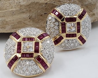 Diamonds and Rubies Round Earrings in 18Kt Yellow Gold Omega Clip