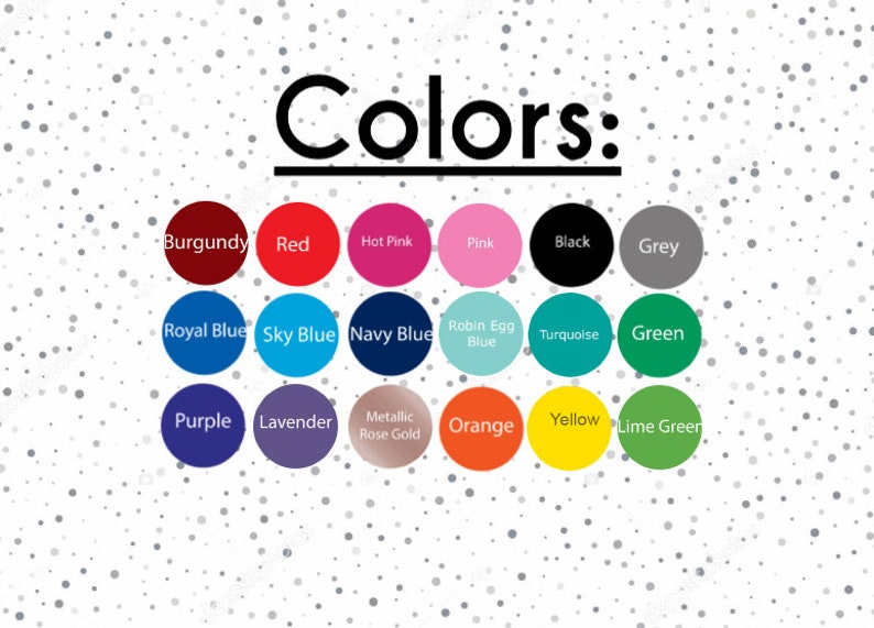 Pu&ograve; includere: Un grafico che mostra 16 colori diversi con i loro nomi. I colori sono: Borgogna, Rosso, Rosa acceso, Rosa, Nero, Grigio, Blu reale, Blu cielo, Blu navy, Blu turchese, Turchese, Verde, Viola, Lavanda, Oro rosa metallizzato, Arancione, Giallo e Verde lime.
