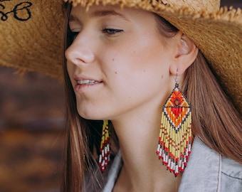 Long beaded earrings for women dangle earrings gifts for girlfriend Native earrings beaded Native style earrings Seed bead jewelry