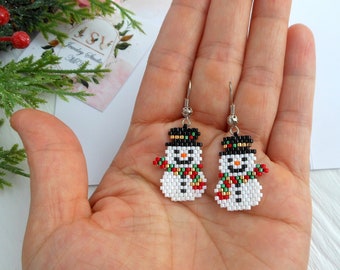 Snowman earrings , Christmas earrings dangle, Christmas jewelry for women, Christmas beaded jewelry gift for her