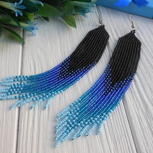 Women statement earrings blue, long beaded earrings native beaded earrings Shoulder duster earrings Seed bead earrings