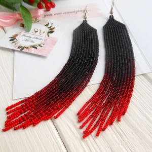 Red and black Long dangle earrings , Long gipsy ombre earrings seed bead , Extra long earrings for women , Beadwork earrings gift