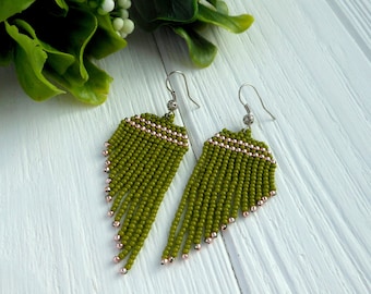 Boho fringe earrings / Seed beaded earrings / dangle beaded earrings women / olive green earrings / hippie boho Jewelry
