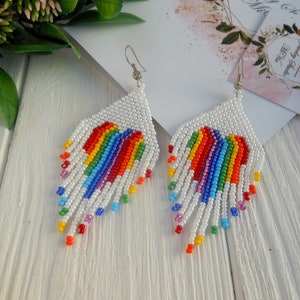 lgbtq earrings dangle, lgbtq gifts pride heart love earrings rainbow fringe beaded earrings gay pride beads gift for girlfriend