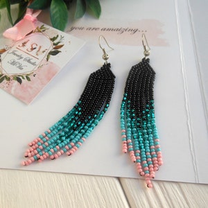 Christmas gifts for her, black women's beaded earrings dangling small turquoise pink bead earring seed bead earring handmade color gradation