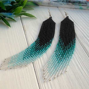 Turquoise long earrings handmade Native ombre earrings beaded earrings Extra long earrings Shoulder duster earrings Seed bead earrings
