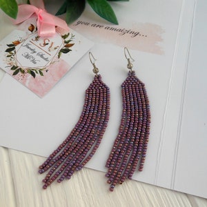 Purple beaded earrings long earrings women jewelry gift Seed bead earrings Beadwork earrings Dangle & Drop Earrings