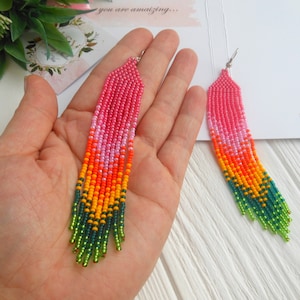 Bright summer beaded earrings for women , long seed bead earrings dangle pink green and orange