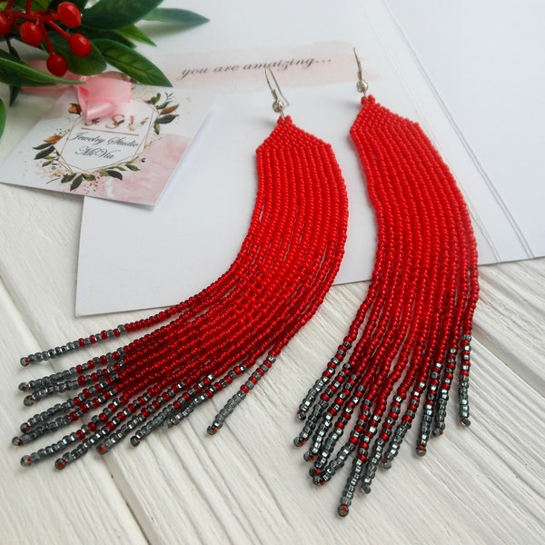 Beaded jewelry gift for mom with daughter , Extra long Red statement earring, Seed bead earring dangle, long fringe earring mother day gift