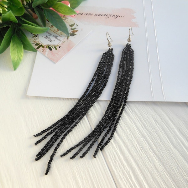 Black earrings dangle , Minimalist black beaded earrings for women, Black beaded jewelry