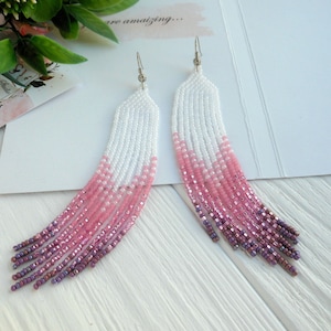 Pink romantic earring for women dangle , Long seed bead earring dangle, Birthday gift for girl , White and pink earrings color gradation