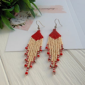 Red beaded earrings, Beaded fringe earrings dangle, statement earrings for women, Boho earrings