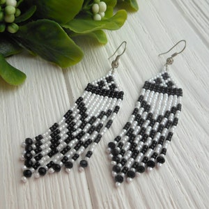 Boho earrings for women Classic Black White Earrings dangle seed bead earrings Extra long earrings Beadwork earrings gift for coworker