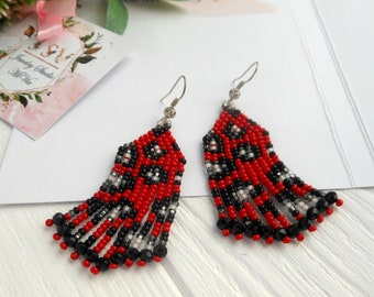 Red dangle earrings women gift for her , simple seed bead earring dangle , animal print beaded fringe earring