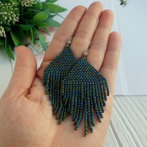 Green beaded earrings dangle, Seed Bead Earrings, Long Bohemian Fringe Earrings, Gift for Her