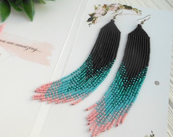 Turquoise pink long bead earring seed bead earring handmade native ombre earrings beaded earring extra long earring shoulder duster earrings