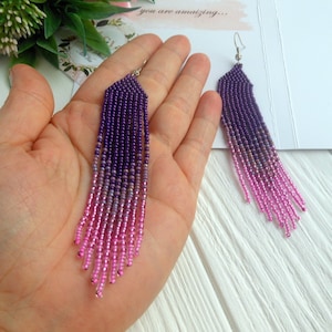 Purple long beaded earrings , boho beaded jewelry gift for mom , Long fringe earrings