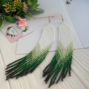 Mothers day from daughter , Extra long bead tassel earring color gradation dark green white fringe bead earrings boho hippie jewelry