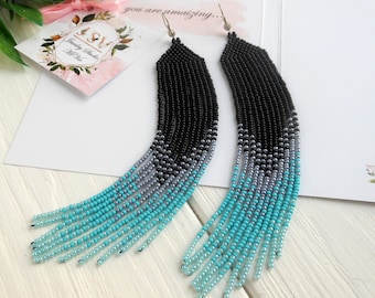 Cluster Bead Earrings Black gray hand beaded earrings long bead earring seed bead earring handmade Native beade earring Extra long earring