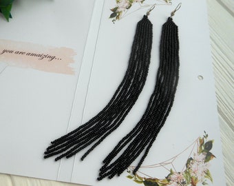 Very long earrings black long earrings dangle Black beaded earrings Seed bead earrings Extra long earrings Fringe earrings to shoulder