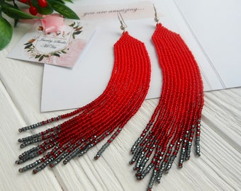 Beaded jewelry gift for mom with daughter , Extra long Red statement earring, Seed bead earring dangle, long fringe earring mother day gift