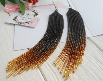 Mothers day beaded jewelry gift, long beaded earrings dangle, Statement earrings for women , Black brown fringe earrings , Gift for mom