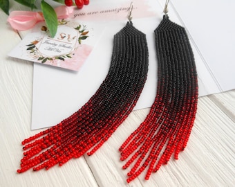 Red and black Long dangle earrings , Long gipsy ombre earrings seed bead , Extra long earrings for women , Beadwork earrings gift