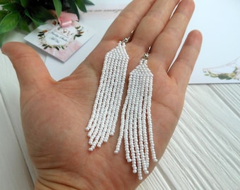 White dangling fringe earrings, seed bead handmade jewelry gift for girls , long beaded earring white women jewelry gift , Leverback Earring