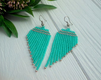 Fringe earrings handmade,  Seed bead earrings , Turquoise earrings dangle, boho earrings dangle , Beaded jewelry for women