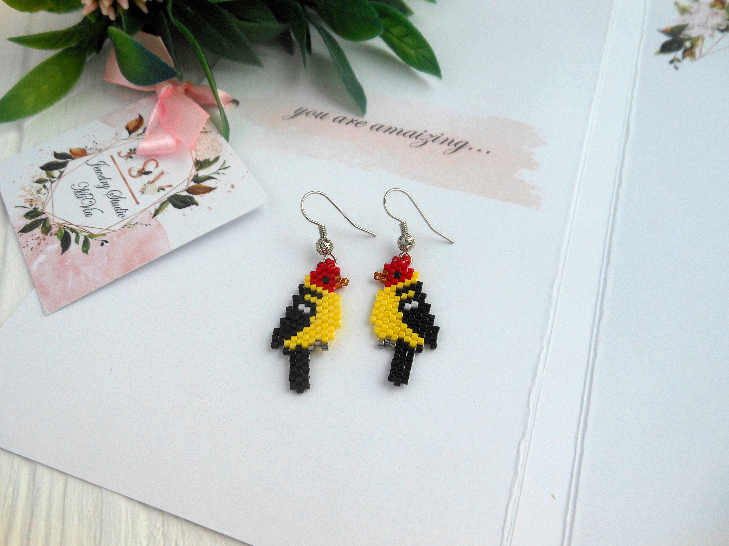 Colorful bird earrings seed bead parrot earrings tropical bird earrings jewelry summer vacation jewelry gift bird jewelry