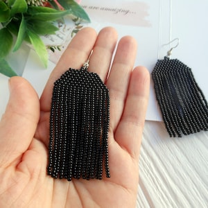 Black earrings dangle , Minimalist black beaded earrings for women, Black beaded jewelry