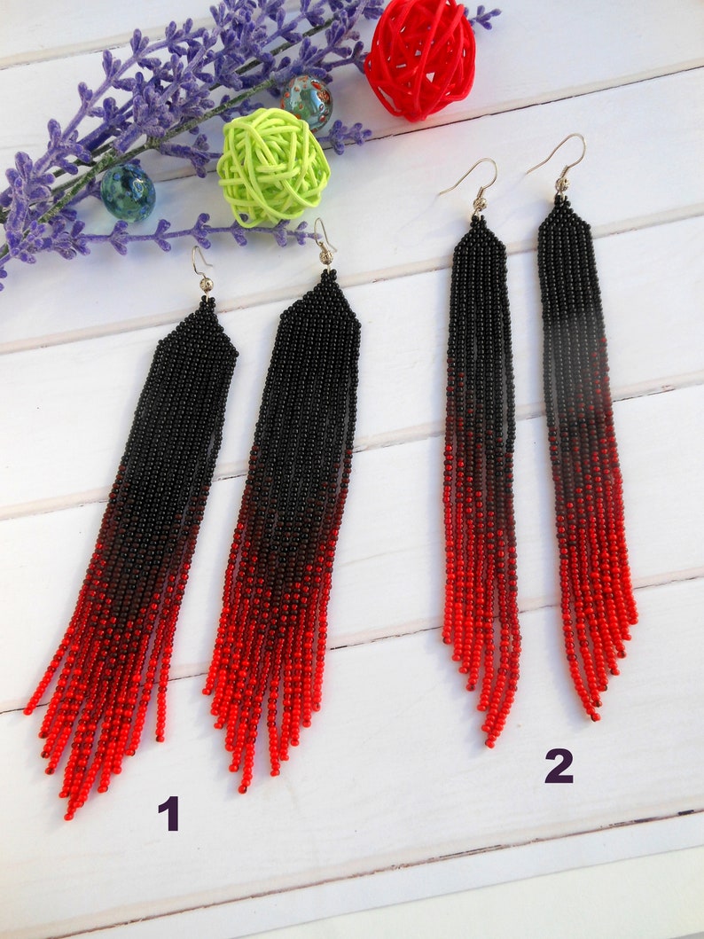 Boho earrings dangle Long ombre earrings seed bead earrings Extra long red earrings Shoulder earrings Beadwork earrings mother day gift