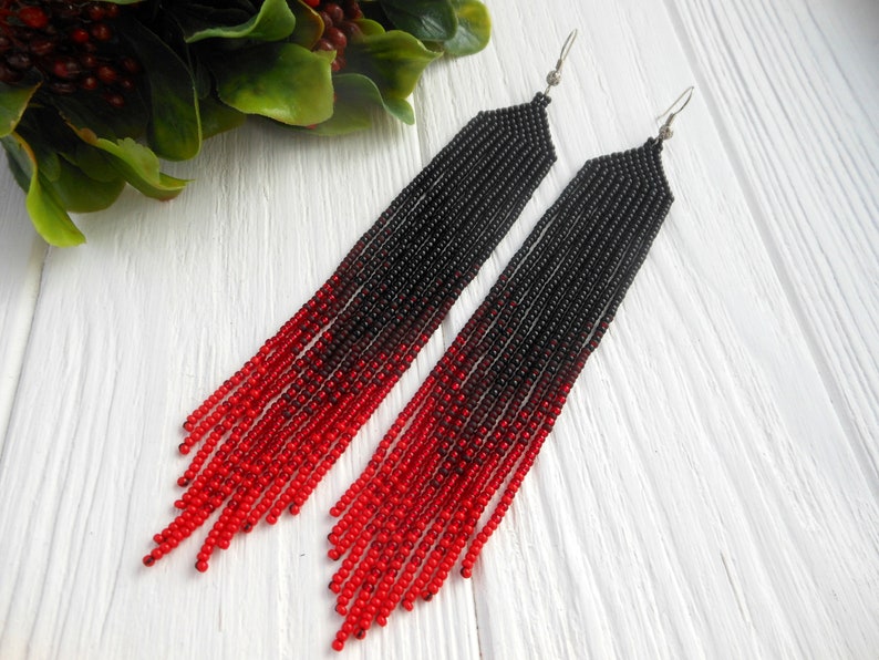 Boho earrings dangle Long ombre earrings seed bead earrings Extra long red earrings Shoulder earrings Beadwork earrings mother day gift