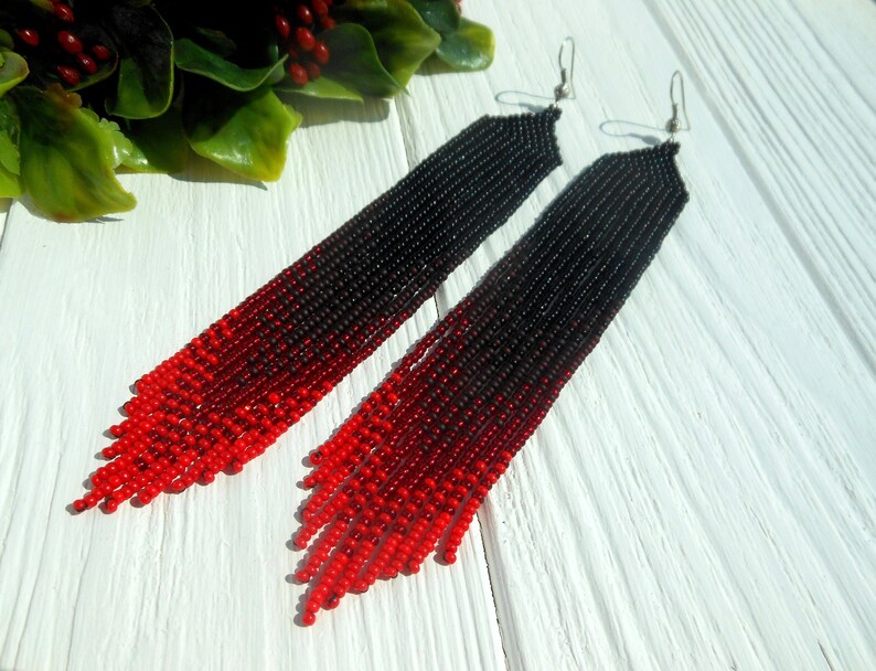 Boho earrings dangle Long ombre earrings seed bead earrings Extra long red earrings Shoulder earrings Beadwork earrings mother day gift