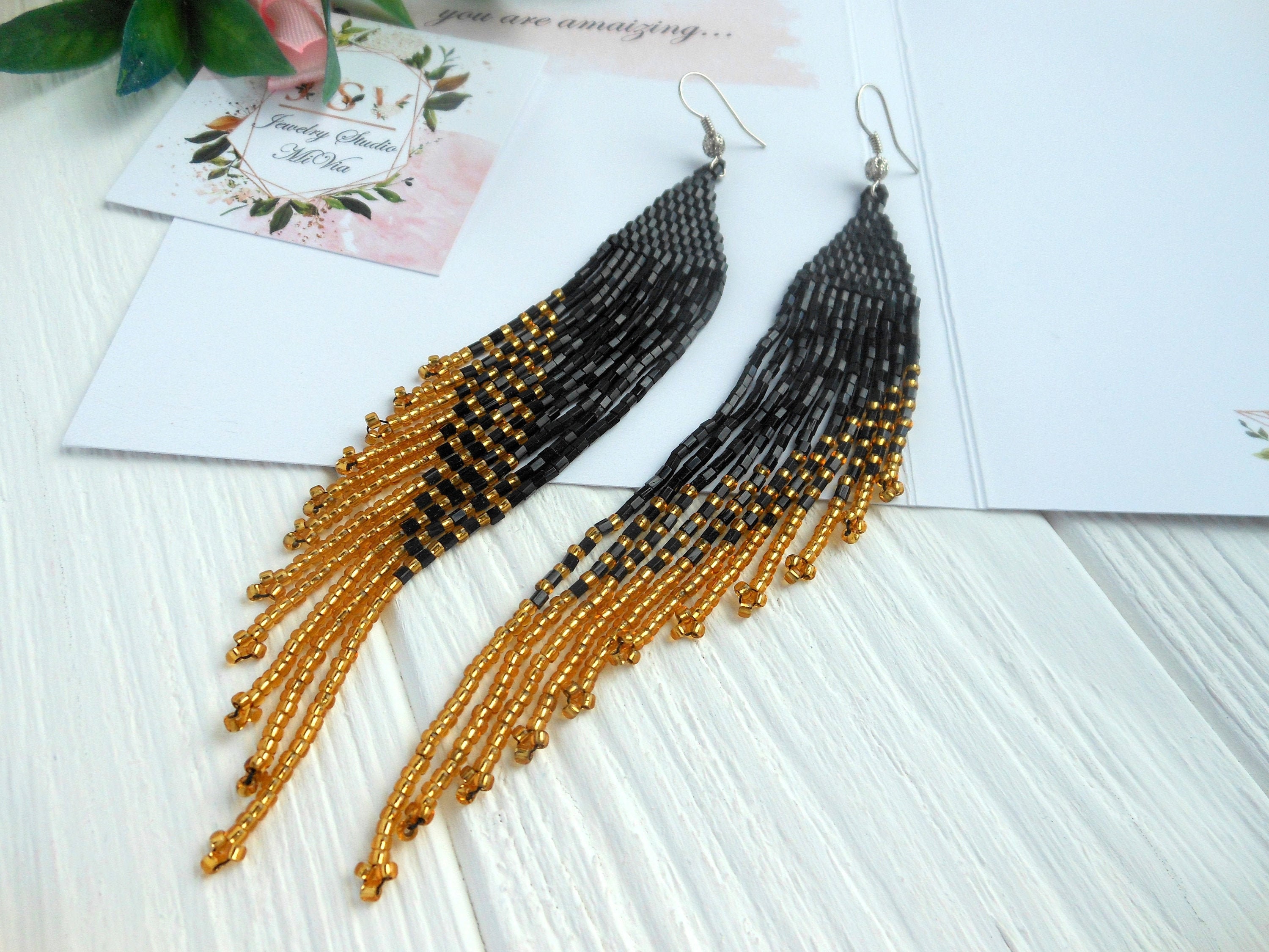 Black and Gold Dangle Earrings Women Fringe Earrings Seed Beads ...