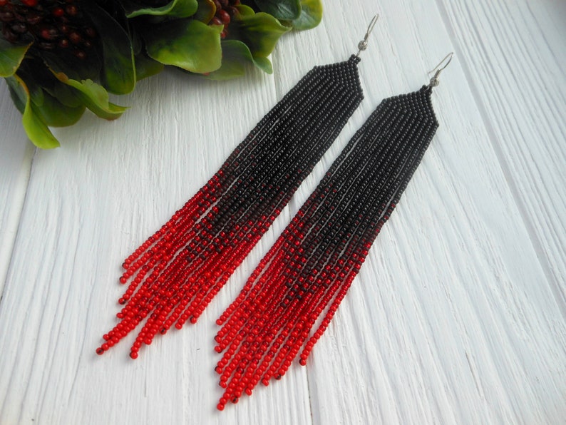 Boho earrings dangle Long ombre earrings seed bead earrings Extra long red earrings Shoulder earrings Beadwork earrings mother day gift
