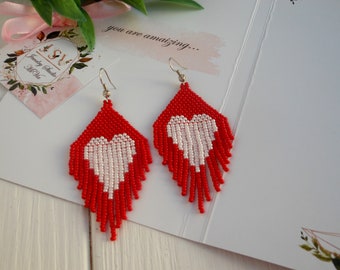 Red Heart Love Pendientes flecos pendientes con cuentas regalo para novia Pendientes de corazón de amor grande Cucharar corazón rojo pendientes