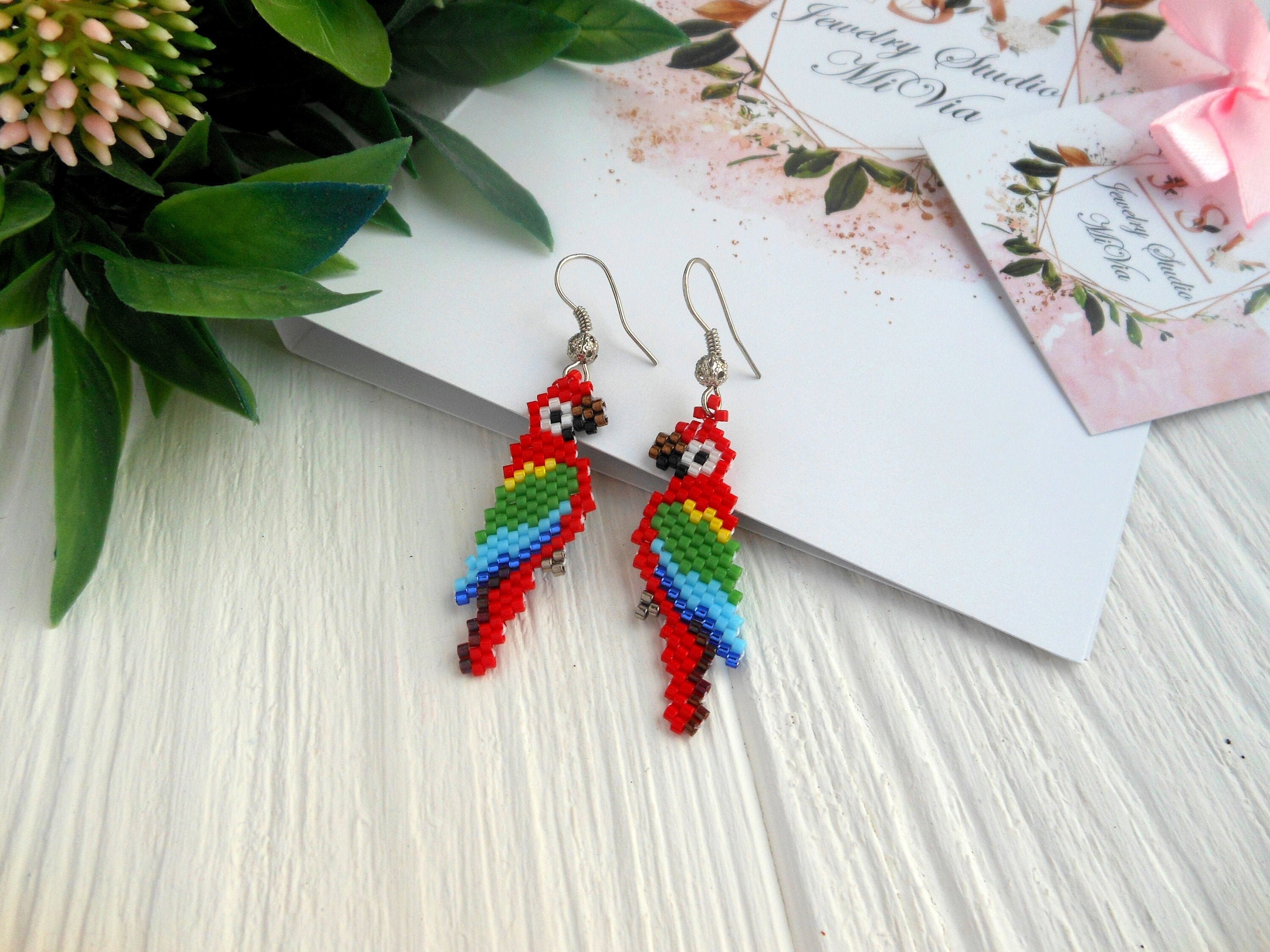 Colorful bird earrings seed bead parrot earrings tropical bird Etsy