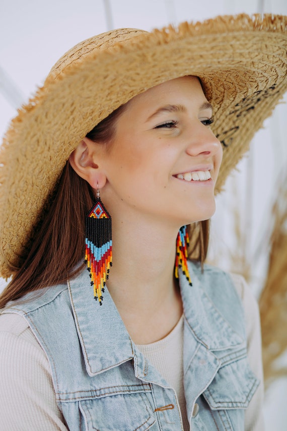 Native American beaded hat/earrings Navajo Beaded Cowboy Hat Dangle Earrings main image 4